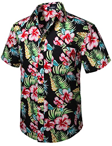 HISDERN Hombres Funky Hawaiian Floral Shirts Manga Corta Bolsillo Delantero Holiday Summer Aloha Printed Beach Casual Black Pink Hawaii Flower Shirt